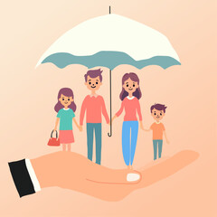Life insurance, family protection to assure members will be financially supported and risk cover concept, lovely family with husband, wife and kids in supporting hand with umbrella cover protection.