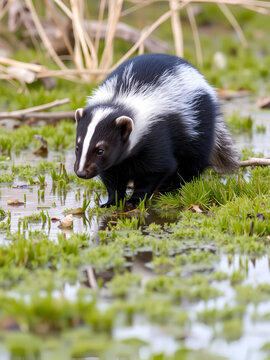 Striped skunk (Mephitis mephitis) in a wetland in western Montana.