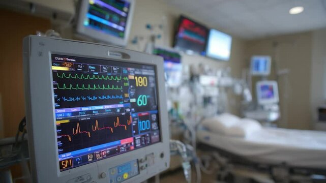 Hospital Room Monitoring: A close-up shot of a medical monitor displaying vital signs in a hospital room, with a bed and other medical equipment visible in the blurred background.