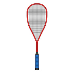 Realistic squash racket front view with red frame and blue grip isolated on white background, 3d vector illustration of modern sports equipment for indoor court game, competition or training gear.