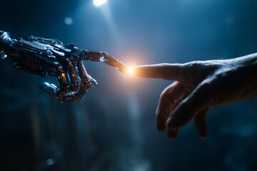 Robotic hand reaching out to touch a human hand, symbolizing human-AI connection