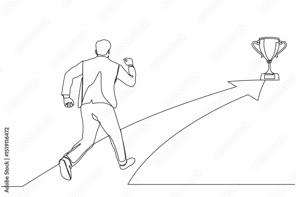 Aufkleber single one line drawing businessman running on forward arrow to get trophy. concept of people ready 
