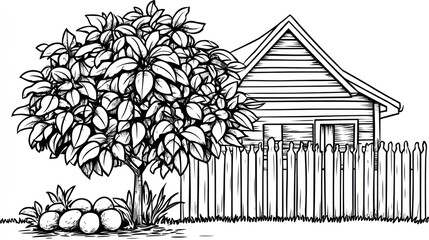 Black and white illustration of a tree, small house, and fence