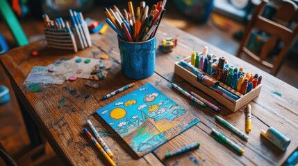 Fototapeta premium Creative Chaos: A Colorful Child's Art Table