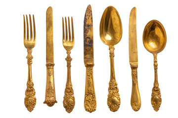 Vintage gold cutlery set including forks, knives, and spoons arranged isolated on white or transparent png