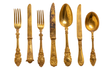 Vintage gold cutlery set including forks, knives, and spoons arranged isolated on white or transparent png