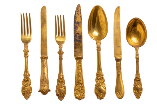Vintage gold cutlery set including forks, knives, and spoons arranged isolated on white or transparent png