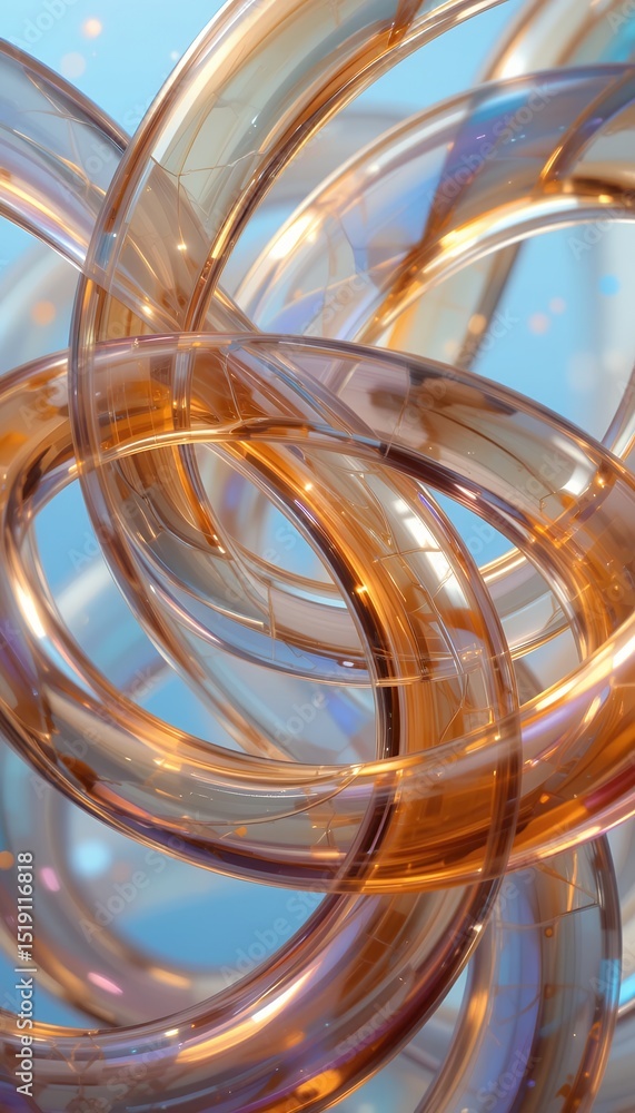Poster close up view of intertwined translucent curved tubes with reflective surfaces in abstract arrangeme