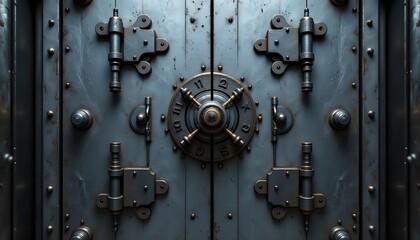 A formidable steel vault door fills the frame, its cold, gray surface marred only by the deliberate patterns of heavy duty locking mechanisms