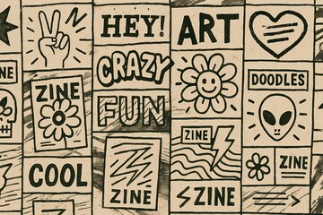 Playful and Eclectic Zine - Inspired Collage Background. This image features a collection of hand - drawn, black - and - white zine - style illustrations with phrases like 'HEY!', 'ART', 'CRAZY FUN'