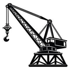 Detailed Construction Crane Illustration in Black and White Silhouette Style