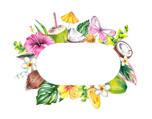 watercolor horizontal frame with coconuts and tropical plants. Perfect for cards, packaging, scrapbooking, and playful seasonal designs. Bright and cheerful summer vibe