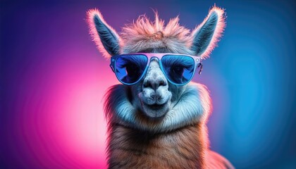 Fashionable Llama in Sunglasses Posing Coolly in a Photo Studio An Unusual Blend of Nature and Urban Style