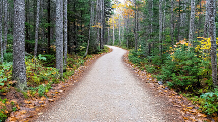 Obraz premium Winding trail through colorful autumn forest, surrounded by tall trees and fallen leaves