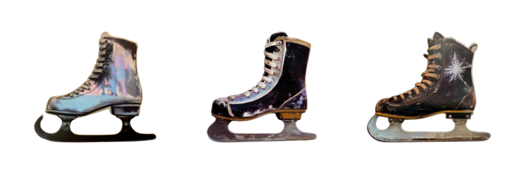 Vintage Ice Skates Cut-Out Set. Retro Winter Sports Collage Collection Isolated On Transparent Background