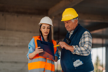 Construction workers discussing blueprint on building site