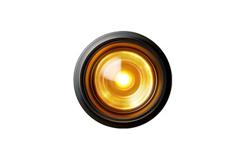 Close-up of a glowing lens against a black background.  Circular lens with a bright, golden-yellow light center.  Dark metallic rings surrounding the lens