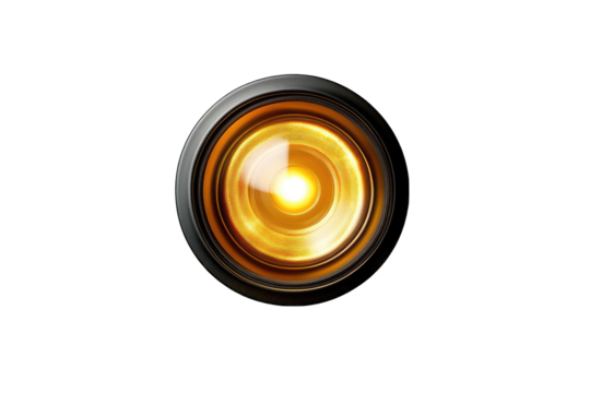 Close-up of a glowing lens against a black background.  Circular lens with a bright, golden-yellow light center.  Dark metallic rings surrounding the lens