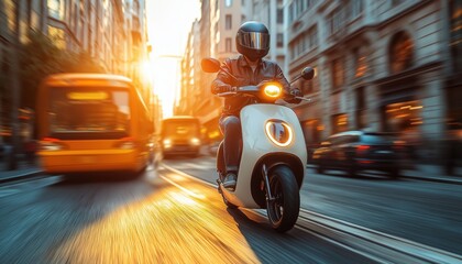 Riding Electric Scooter in City Street with Buildings and Traffic Flow