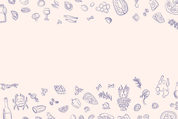 Mediterranean cuisine elements border with seafood, vegetables, and wine for culinary design.