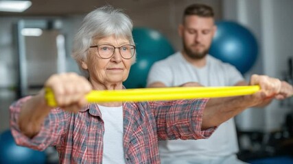 Active Therapy: Focused on rehabilitation and wellness, an elderly woman performs a resistance band exercise with guidance from a healthcare professional, showcasing the commitment to well-being. - Powered by Adobe