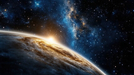 Stunning cosmic scene featuring planet illuminated by distant sun, surrounded by vibrant