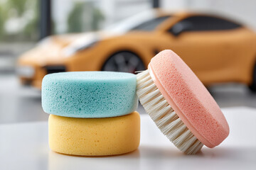 Obraz premium Car cleaning tools: sponges and brush for a spotless finish. Keep your vehicle looking its best with the right care and supplies.