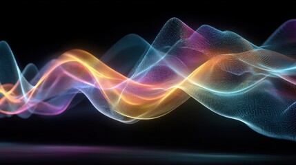 Obraz premium Colorful glowing energy waves create a surreal atmosphere against a dark background, representing motion and fluidity in an abstract digital design