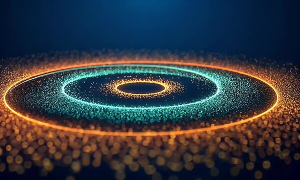 Abstract Circular Pattern with Teal and Orange Glowing Particles on Dark Blue Background Modern Digital Art Optimized for Adobe Stock Photo