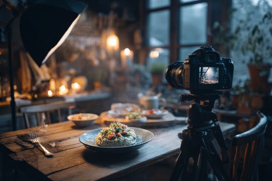 Behind-the-scenes of a professional food photography shoot with lighting and props