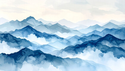Fototapeta premium the image showcases a landscape of mountains, rendered in shades of blue that create a sense of depth and distance