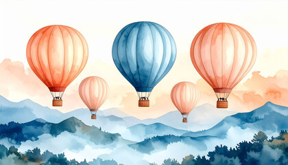 Obraz premium the illustration depicts a serene scene featuring several hot air balloons floating above a mountainous landscape. the landscape is filled with layered mountains painted in shades of blue and green