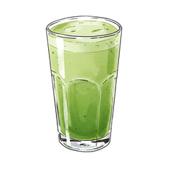 Iced Matcha Latte in Glass, Japanese Green Tea Drink Watercolor Illustration