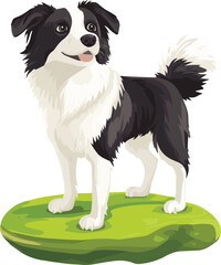 Flat Vector Illustration of Black and White Dog in Green Vines