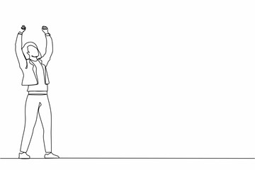 Single continuous line drawing businesswoman standing and raising hands or arms. Successful person. Career goal. Victory sign or symbol. Winner pose. One line draw graphic design vector illustration