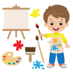 Cute little artist boy  vector cartoon flat style illustration