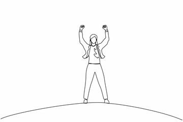 Single continuous line drawing happy businesswoman standing and raising hands or arms. Successful female. Career goal. Victory sign or symbol. Winner pose. One line graphic design vector illustration