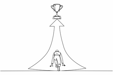 Continuous one line drawing back view businesswoman ready to run to trophy at end of route. Vision mission and goal of business. Female run to their goal, motivation. Single line draw design vector