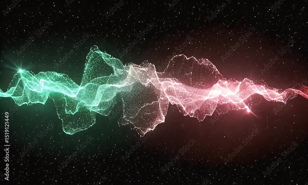 Aufkleber abstract digital wave with glowing particles in green and red on a dark starry space background for 