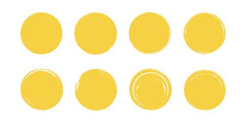 Japanese yellow circles. Japan crayon brush sun. Hand drawn Asian round set. Rough grunge frames, watercolor borders, scribbles. Ink brush Chinese paint. Calligraphy sunset icons. Isolated vector illu