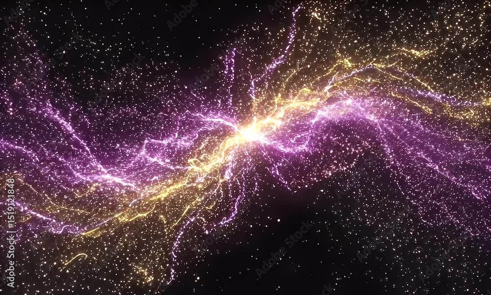 Poster abstract cosmic background with glowing purple and yellow particles in dynamic motion and starfield 