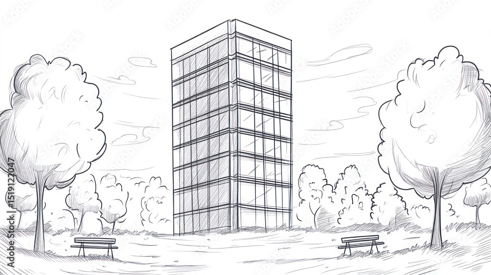 Poster sketch of a modern skyscraper in a park setting