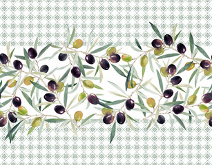 Horizontal seamless pattern with watercolor olive branches and green leaves, set over a subtle geometric tile background. Ideal for kitchen prints, fabric, table runners, packaging, or Mediterranean