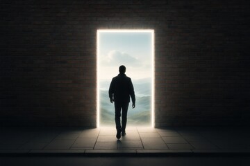 Obraz premium Person escapes from reality through a glowing door in a surreal urban landscape