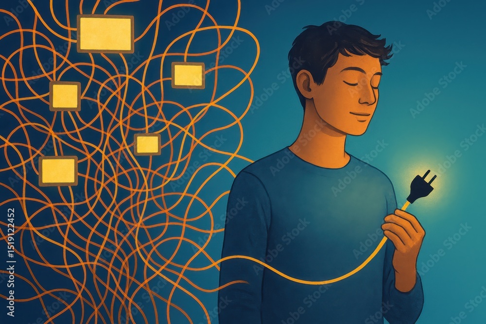 Poster person experiences a moment of calm while unplugging from overwhelming life challenges in a surreal 