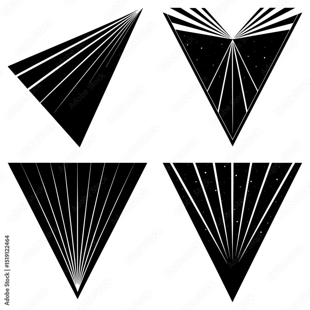 Aufkleber four stylized triangles with radiating lines and celestial elements in black and white design style