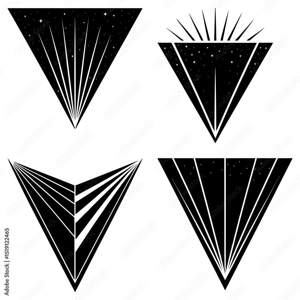 Aufkleber four abstract black and white triangle designs with radiating lines and star patterns in each shape
