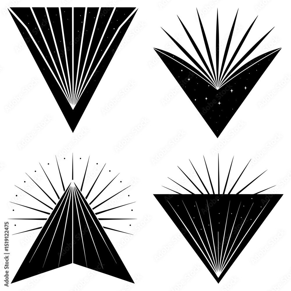 Aufkleber collection of four abstract triangle designs with radiating lines and star patterns in black and whi