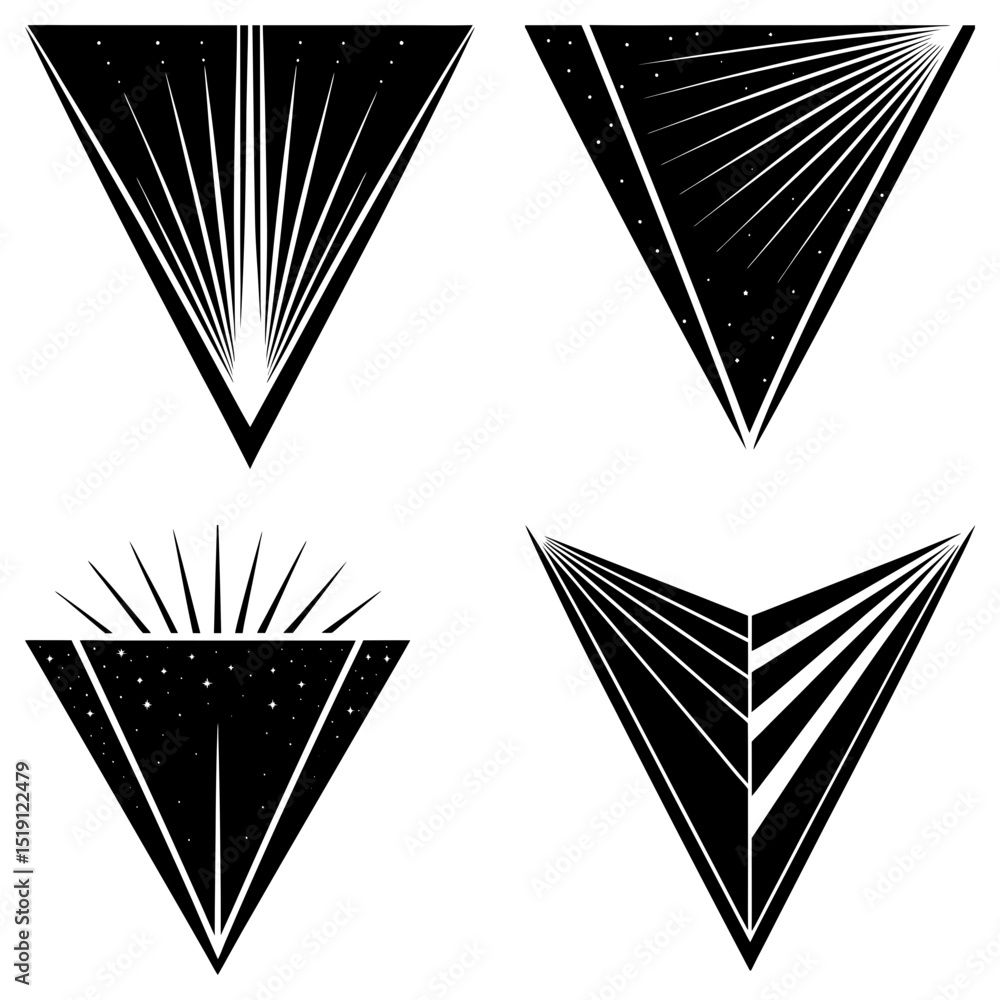 Aufkleber four abstract black and white triangle designs with radiating lines and star patterns on a white bac
