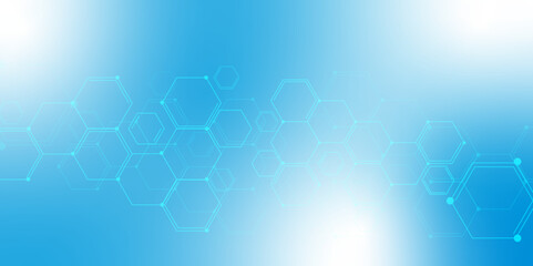Hexagonal Molecular structure abstract tech network pattern. Medical design. geometric hexagonal honeycomb shape texture background 3d copy space. Science template, wallpaper or banner. Vector.	